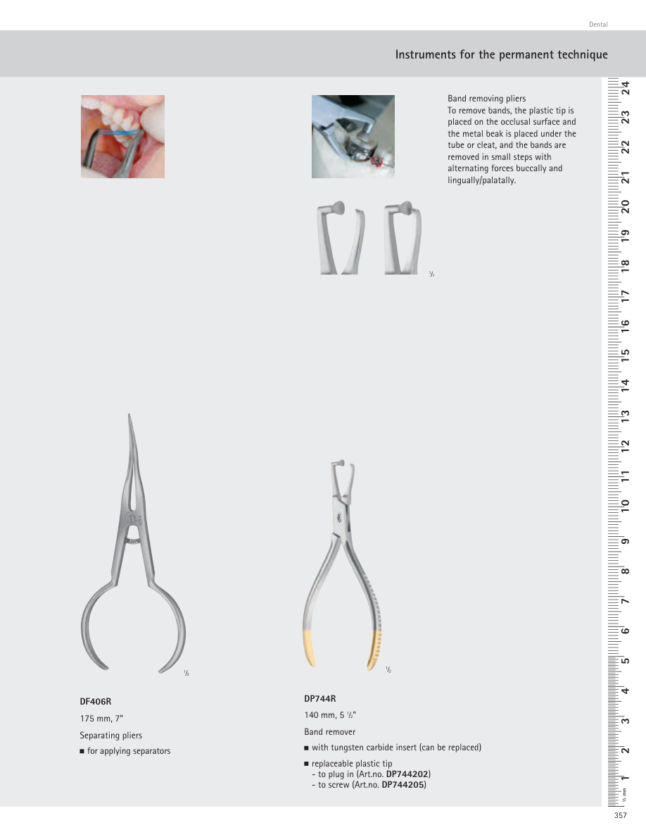 Page du catalogue Aesculap 2016 montrant DP744R, son appui plastique et la pince à séparateurs DF406R