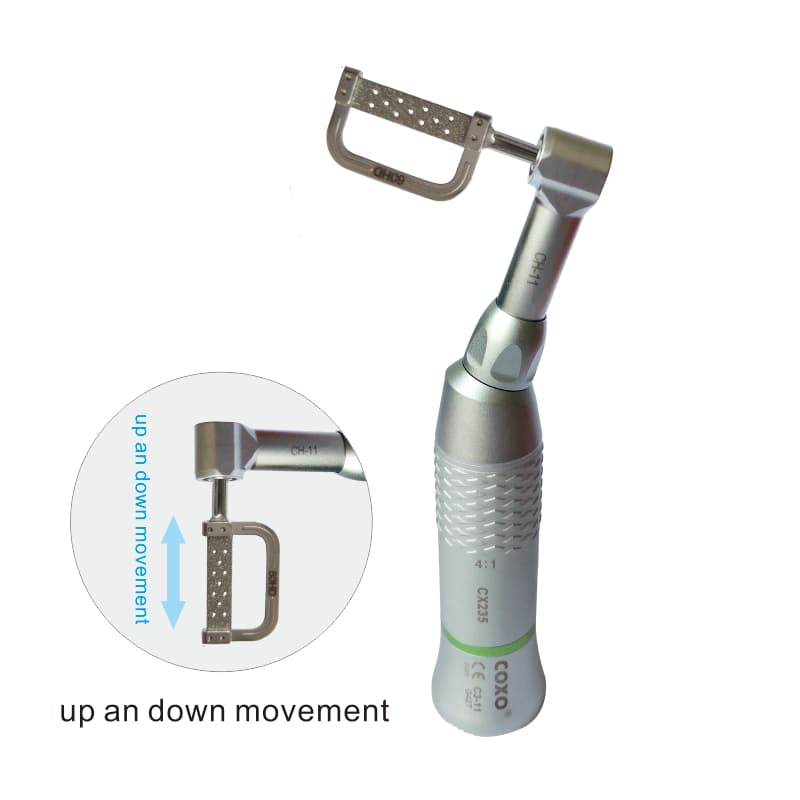 Contre-angle COXO C3-11 avec strip diamanté monté et indication du mouvement de va-et-vient