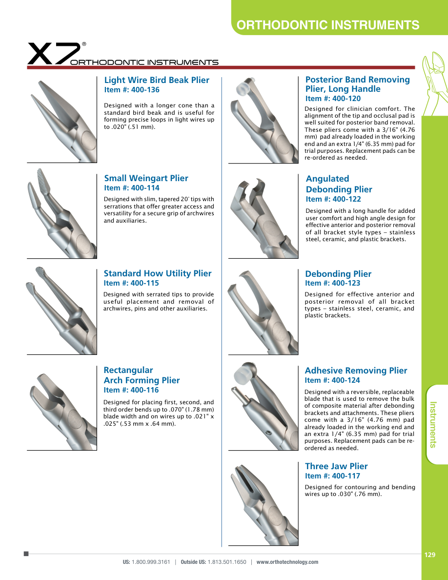 Page du catalogue Ortho Technology montrant la pince postérieure 400-120 et la pince à décollement de bracket 400-122