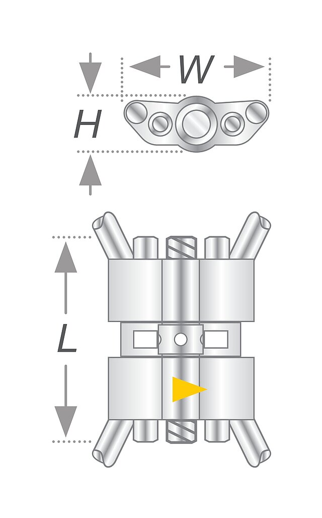 Dessin technique officiel SCHEU montrant les axes de dimension largeur hauteur et longueur de la famille VECTOR 600/620
