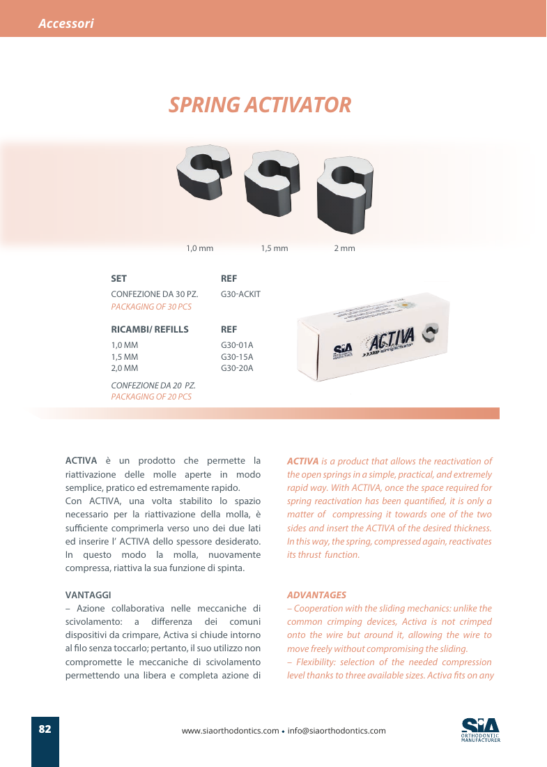 Catalogue officiel SIA montrant le kit ACTIVA G30-ACKIT, ses trois épaisseurs et ses recharges