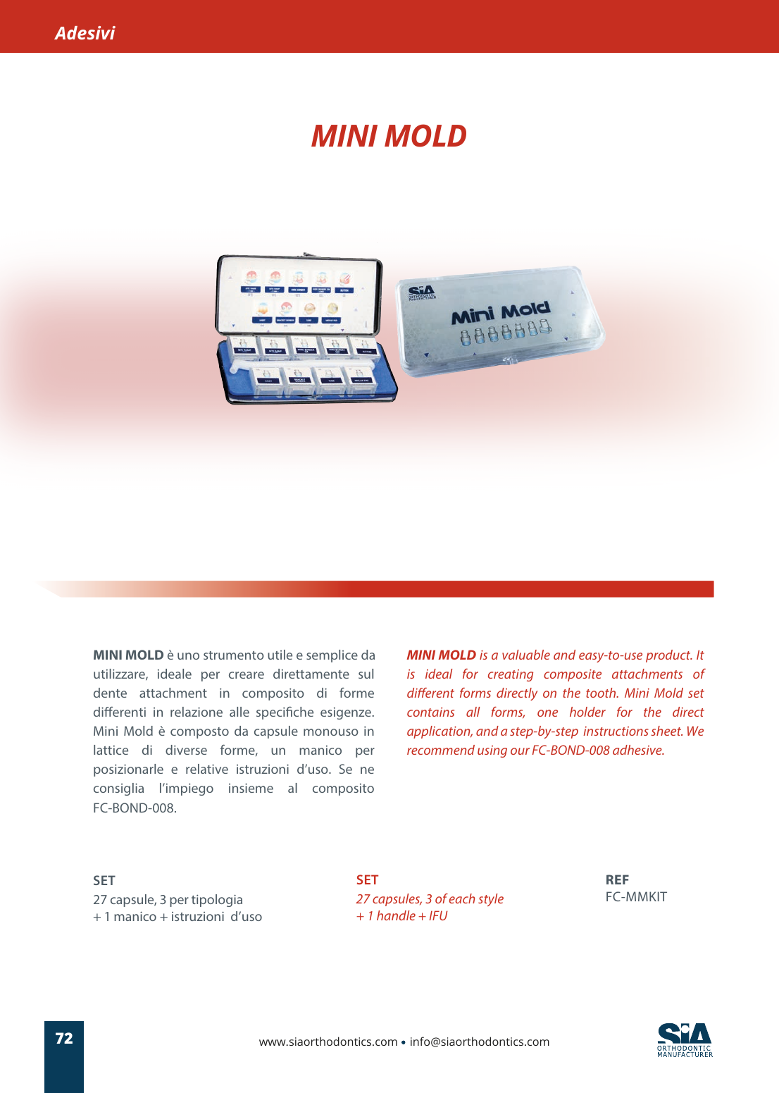 Page du catalogue SIA Orthodontic 06 montrant le coffret Mini Mold et sa référence FC-MMKIT