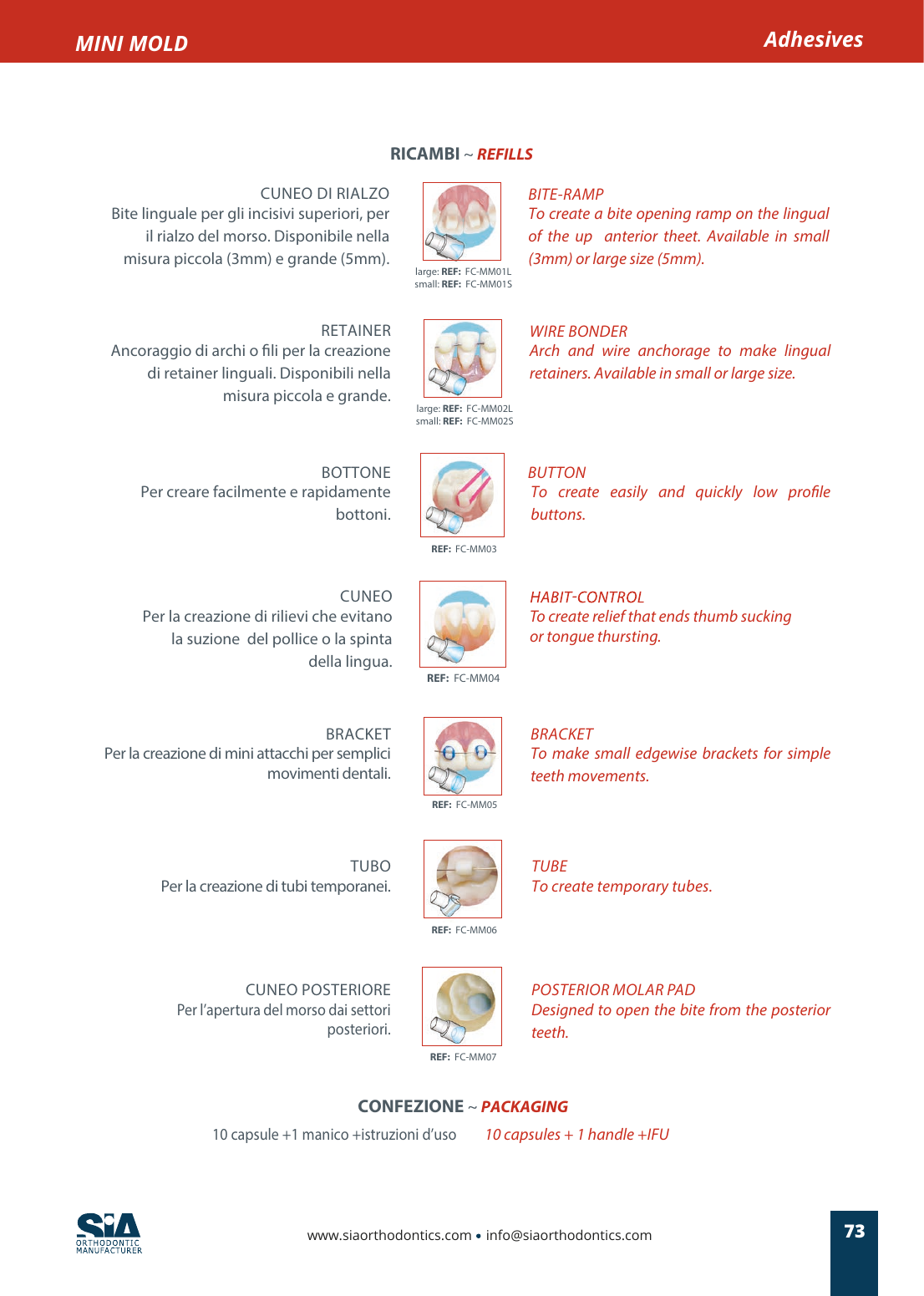 Page du catalogue SIA Orthodontic 06 présentant les neuf formes et les références de recharge Mini Mold